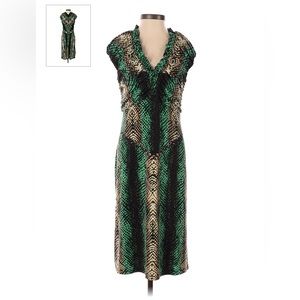 Etcetera
Size 4 Dress Green Brown Animal Print Stretch Ruched V Neck Knee Length
